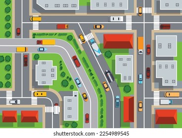 Top view of urban city. Crossroads with streets, roads, cars, houses and trees. Map with view rooftops and highways. View from above on city landscape elements vector illustration