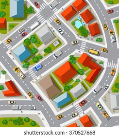 Top view of the  Urban crossroads with cars and houses