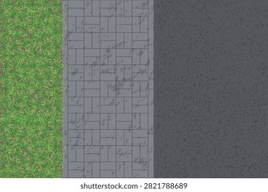 Top view urban roadside with green grass, gray tiled sidewalk and dark textured asphalt road, suitable as a landscape map background with copy space. View from above. Aerial.