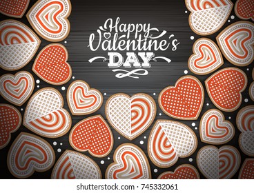 Top view of valentine cookies on wooden background. Happy Valentine`s Day
