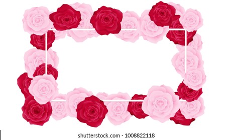 top view valentine floral invitation rounding by pink and red roses, artwork has some copy space in middle as white background , all elements are fill pastel color