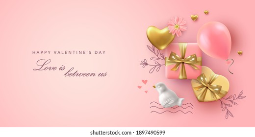 Top view Valentine's day banner with realistic porcelain birds, balloons and a gift