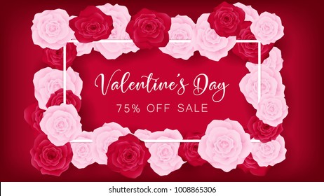 top view valentine's day invitation decorate in red background ,beside border along with pink and red rose, middle contain white valentine's day discounting text ,artwork usage in celebration or event