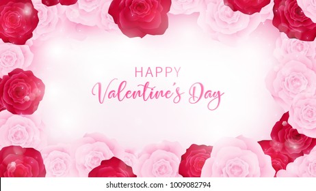 top view valentine's day invitation decorate in white paper , border along with pink and red rose, middle contain white valentine's day discounting text ,artwork usage in celebration or event