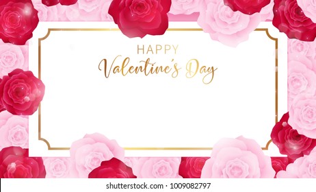 top view valentine's day invitation decorate in white paper , border along with pink and red rose, middle contain white valentine's day discounting text ,artwork usage in celebration or event