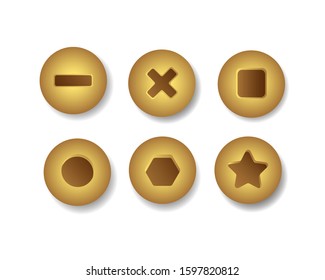 top view of variation of gold or bronze screw head icon set realistic illustration vector