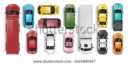 Top view of various colorful vehicles. Collection of different cars, trucks, taxis, and SUVs. Vector.
