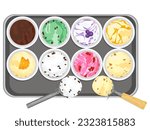 Top view of various delicious ice cream flavors in bowls and placed on a wooden tray near ice cream scoop on white background.