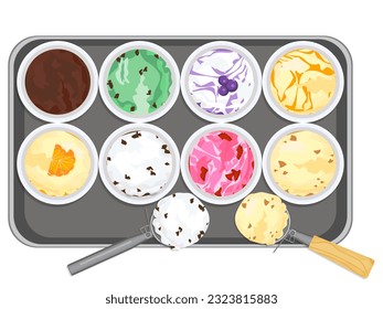 Top view of various delicious ice cream flavors in bowls and placed on a wooden tray near ice cream scoop on white background.