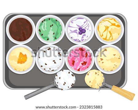 Top view of various delicious ice cream flavors in bowls and placed on a wooden tray near ice cream scoop on white background.