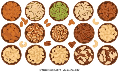 Top view of various types of nuts including almonds, walnuts, pistachios, cashews, and pecans served in small rustic wooden bowls.
