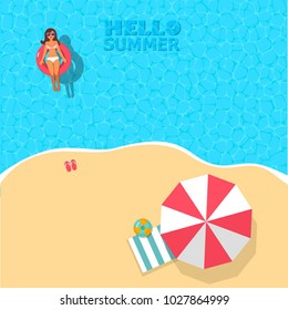 top view vector background with sunbathing girl on bikini. hello summer, vector template