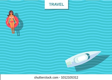 top view vector banner with sunbathing girl and boat