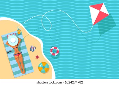 top view vector banner with sunbathing girl, sea and kite