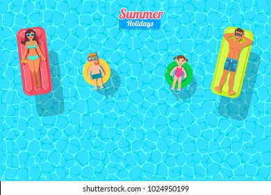 top view vector banner with sunbathing family. Swimming pool, summer vacation