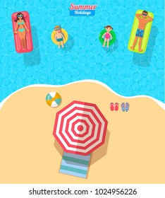 top view vector banner with  swimming and sunbathing family on the island