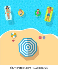 top view vector banner with  swimming and sunbathing family on the island. Summer holidays