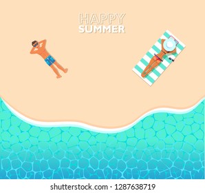 top view vector banner with  swimming and family on the island. Summer holidays