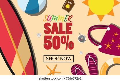 Top view vector beach with many stuffs on beach - red tote bag, slipper, starfish, ball, sun lotion, surfboard- for holiday vacation in tropical summer beach island with text SUMMER SALE 50% 