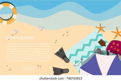 Top view vector beach with waves, umbrellas, towels for relaxing ball, red summer tote bag, camera and stuffs for holiday vacation in tropical summer beach island