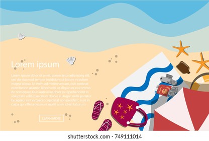 Top view vector beach with waves, umbrellas, towels for relaxing ball, red summer tote bag, camera and stuffs for holiday vacation in tropical summer beach island