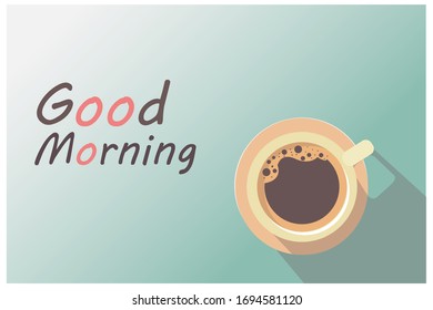 Top View Vector Black Coffee On Light Blue Background.