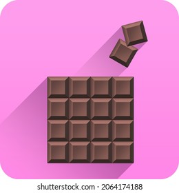 Top view of vector chocolate bar with long shadow. Chocolate bar icon