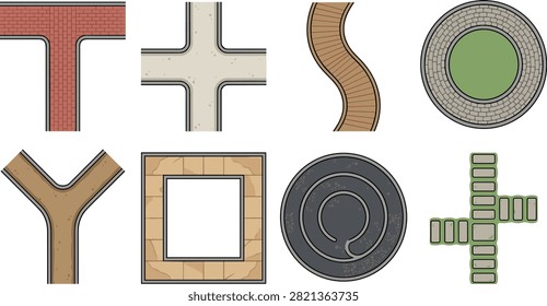 Top view vector collection of decorative pathways featuring brick junctions, concrete intersections, wooden curves, circular paving, dirt trails, courtyards, spirals, and stepping stones. Ideal for landscape architecture, garden planning, park maps, site plans, and outdoor design projects.
