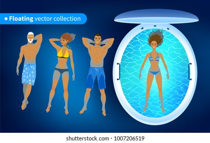 Top view vector collection of illustrations of people and floating tank with blue water.