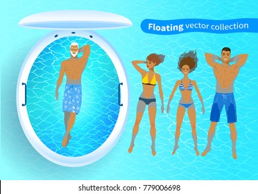 Top view vector collection of illustrations of people and floating tank with blue water.