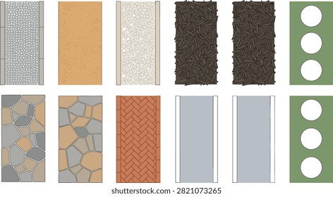 Top view vector collection of outdoor pathway surfaces featuring gravel, sand, pebbles, wood mulch, stepping stones, flagstone, brick, and concrete. Ideal for landscape architecture, garden layouts, site plans, park maps, and outdoor design projects.
