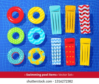 Top view vector collection of pool rafts and rubber rings on swimming pool water background.