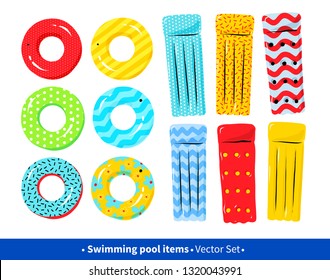 Top view vector collection of pool rafts and rubber rings on white background.