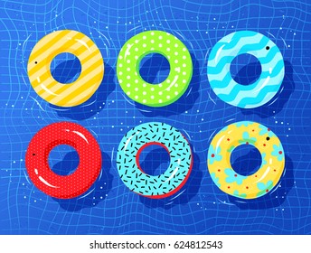 Top view vector collection of rubber rings floating on swimming pool water.