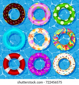 Top view vector collection of rubber rings floating on swimming pool water lifebuoy security, equipment.