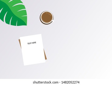 Top view vector flat design. Workspace frame with white paper ,green leaves and coffee on white background. Notes idea or plan writing concept