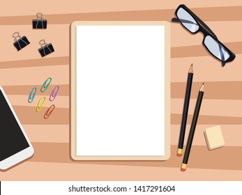 Top view vector flat lay illustration of table desk. Workspace with blank clip board, phone, office supplies, pencil & glasses. Clipboard with white sheet and pencil on wood background, space for text