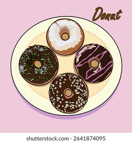 Top view vector illustration of assorted donuts with different toppings on a plate. Colorful sweet pastries arranged neatly, perfect for dessert or bakery-themed design.