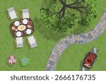 Top view. Vector illustration. BBQ in the garden.
Barbecue, table, chairs, dishes, grass, tree, track, flowers. View from above. Aerial.
