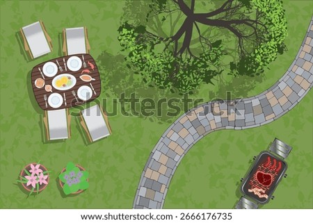 Top view. Vector illustration. BBQ in the garden.
Barbecue, table, chairs, dishes, grass, tree, track, flowers. View from above. Aerial.