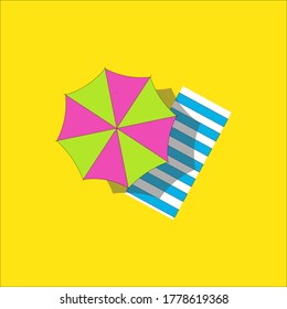 Top view vector illustration of beach mat, parasol and summer accessories lying on sand.