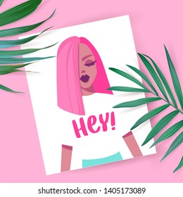Top view Vector illustration with beautiful girl. Flat style. Fashion portrait of a model. Minimalism. Young woman. Flat lay with palm leaves