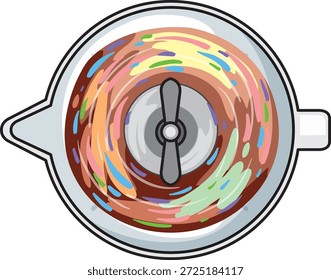Ilustración vectorial de vista superior de una licuadora que arremolina ingredientes multicolores en un vibrante estilo de dibujos animados.
