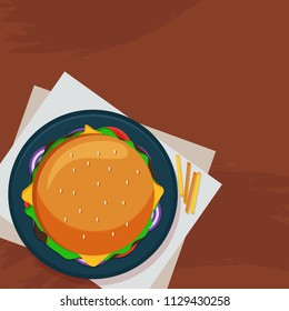 Top View Vector Illustration Of Burger With French Fries.