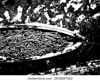 Top view vector illustration of canoe loaded with Rhizophora mangrove propagules on wet mudflats for nursery planting. Coastal eco stencil.