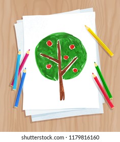 Top view vector illustration of child drawing of tree on white paper on wooden desk background with pencils.
