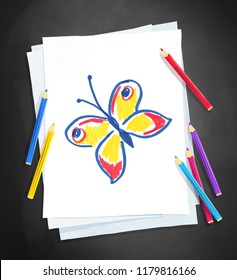 Top view vector illustration of child drawing of butterfly on white paper on chalkboard background with pencils.