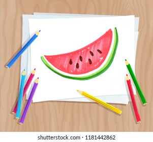 Top view vector illustration of child drawing of watermelon on white paper on wooden desk background with pencils.