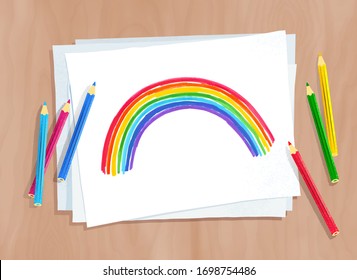 Top view vector illustration of child drawing of rainbow arc on white paper on wooden desk background with pencils.
