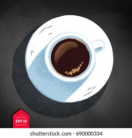 Top view vector illustration of coffee cup with plate on chalkboard background.